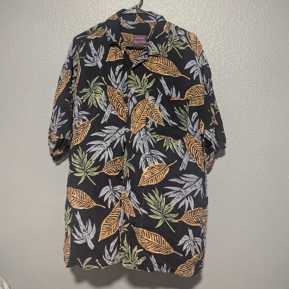 Jack Hollywood Mens Size XL black with leaves Hawaiian Shirt.